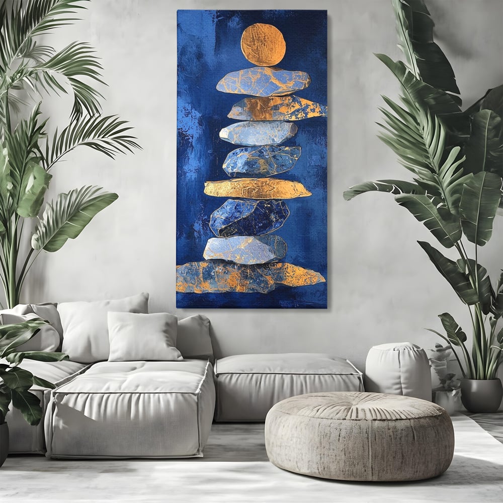 Tablou canvas cu tablou canvas cu stive de pietre si cerc auriu, fara rama, pe sasiu de lemn, pe perete intr-un living